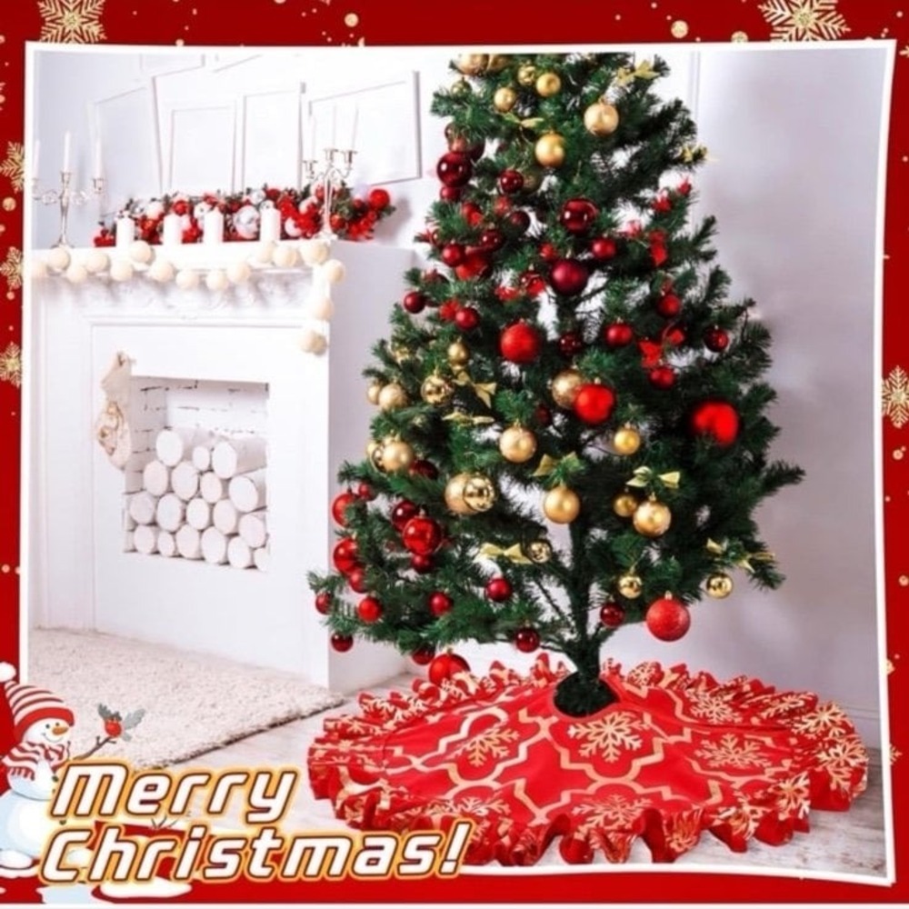 New Skylety Christmas Red Tree Skirt Glitter Round Ruffled Border Tree Collar Pl